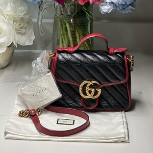 Gucci Marmont Black Quilted Leather Top Handle Satchel Shoulder Bag Red Trim